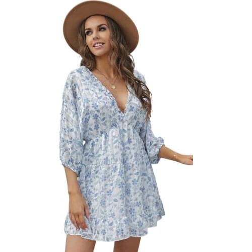 ADEWEL Women Dresses 2021 Summer V Neck Floral Print Backless Loose Dress Three Quarter Sleeve Mini Casual Sundress Robe