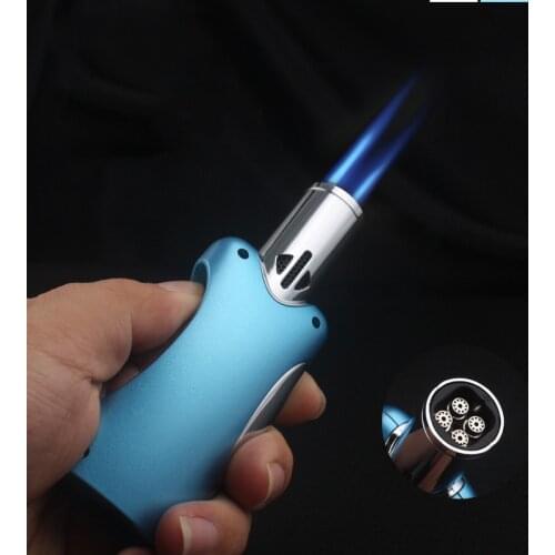 Four Nozzle Spray Gun Butane Metal Lighter Triple Torch Turbine Windproof Lighters Cigar Lighter Gas Kitchen Barbecue Gadget