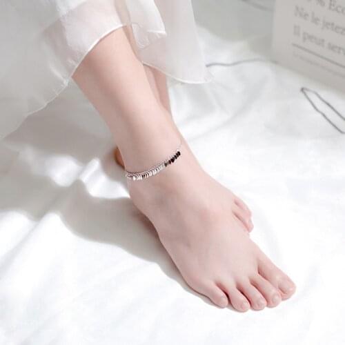 Colusiwei National Style Oval Sequins Tassel Anklet 925 Sterling Silver Chain Bracelet for Leg Female Foot Jewelry For Women