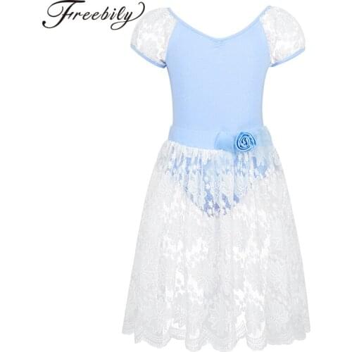 Kids Girls Short Puff Sleeves Cotton Ballet Competition Dresses Gymnastics Leotard with Embroidery Floral Lace Skirt Outfit Set