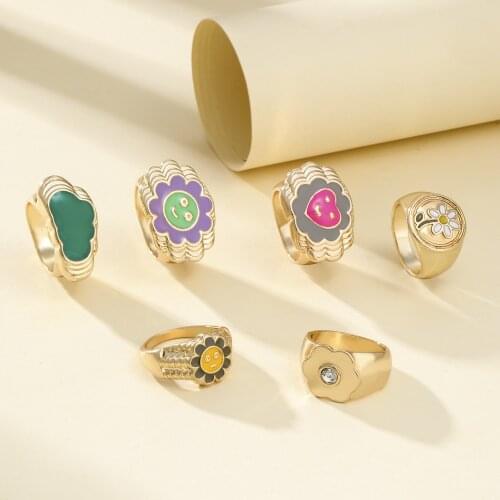 Europe and America INS Style Gold Color Smiley face Flower Rings Couple Rings for Women Candy Color Party Rings Jewelry