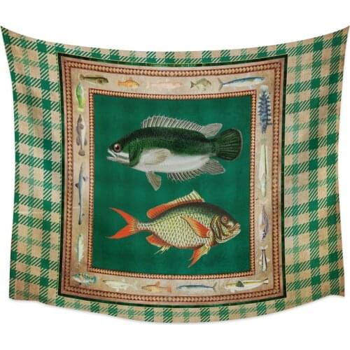 Geometric Texture Fish Green Plaid RetroTapestry Wall Hanging Bedroom Wall Dormitory Home Decoration Tapestry Wall