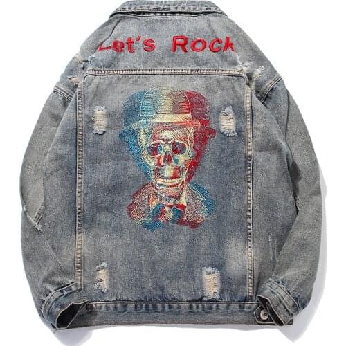 Harajuku Frayed Rock Skull embroidery Vintage denim jacket men punk sudadera hole streetwear ruched Washed
