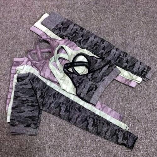 Camo Seamless Yoga Sports Bra Set Fitness Suit Female 3 Piece Long Sleeve Sportswear High Waist Gym Leggings Set Workout Clothes