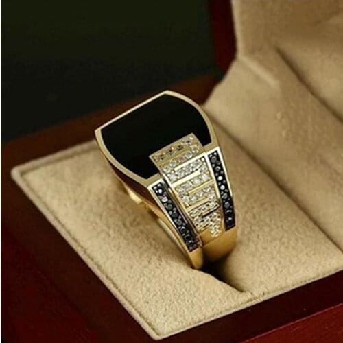 Classic Mens Gold Color Black Stone Seal Punk Mens Ring Retro Hip Hop Boyfriend Party Ring Jewelry