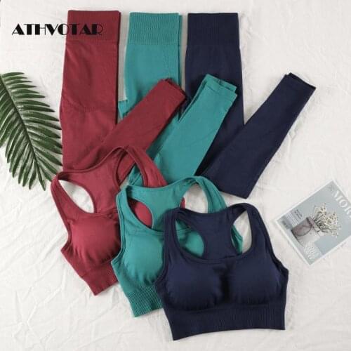 ATHVOTAR 2Pcs Women Sport Suit Solid Sleeveless Crop Top And Seamless Leggings Summer Sexy Tracksuits Slim Sportswear