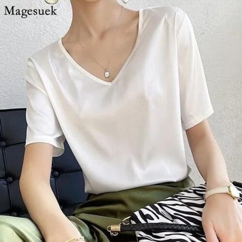 Fashion White Loose Womens Blouses Vintage Short Sleeve Silk Satin Shirt Women Summer 2021 Korean V Neck Lady Tops Blusas 14681