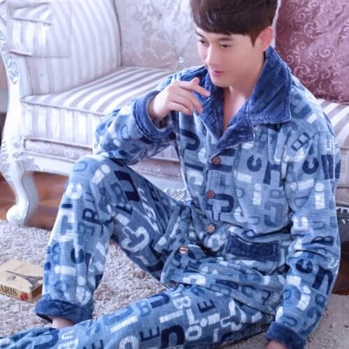 Coral Fleece Men Pajama Set AUtumn Winter Soft Thicken Cartoon Printed Flannel Sleepwear 2pcs/set Tops + Warm Pants Home Clothes