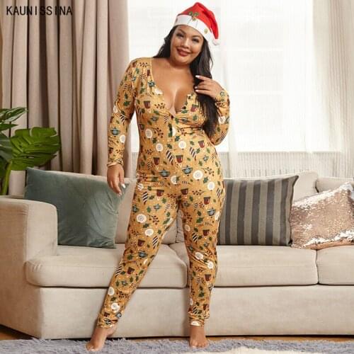 Sexy Womens Plus Size Onesies Pajamas Cartoon Printed Long Sleeve V-Neck Elastic Bodycon Christmas Onesies Female Pajama Romper