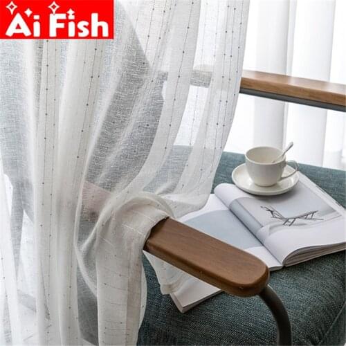 Simple Modern Linen Yarn Striped Transparent Curtain Bedroom Living Room Solid Color Sequins Custom Window Screen X039-3