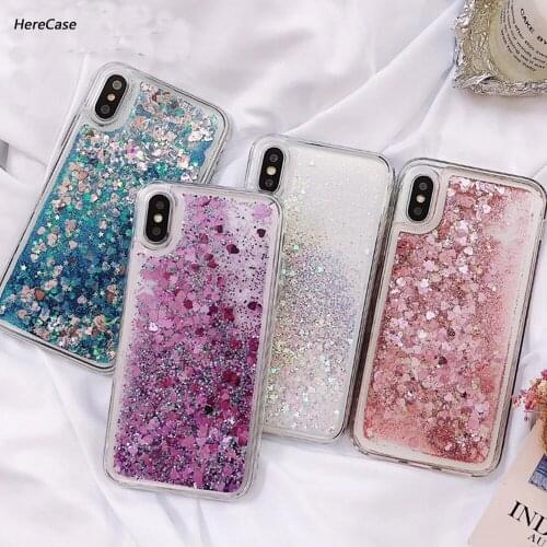 Pink Love Heart Glitter Phone Case For iPhone XS Max X XR Liquid Quicksand Case for iPhone 5S 6S 6 7 8 Plus Cover Bling Sequins
