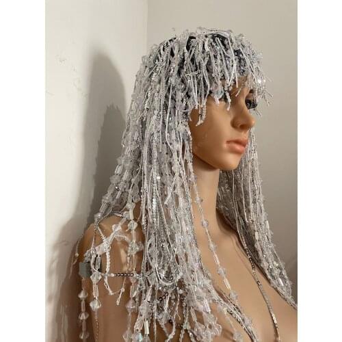 Sexy Silver Sequin Crystal Tassel Wigs Women Birthday Party Rhinestone Fringes Headwear