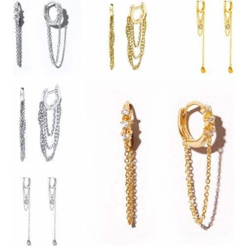 925 Sterling Silver Chain pendant Hoop Earrings for Women Gold Color Personality Earrings Trendy Females Jewelry Accessories