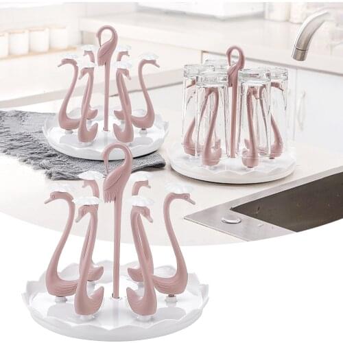Rotating Mug Glass Cup Drying Rack Swan-Shaped Holder Freestanding with Tray Kitchen Drainer Organizer Home Desktop Decor