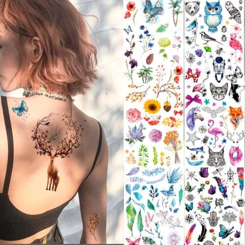 Temporary Tattoo Sticker Womens Kids Watercolor Cute Small Animal Butterfly Pattern Tattoo Water Transfer Body Art Fake Tattoo