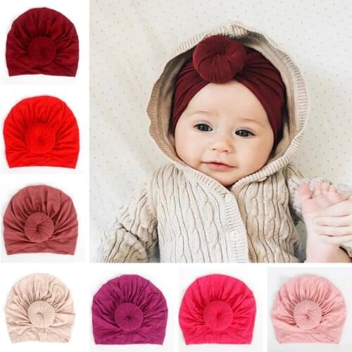 Yundfly Knot Round Ball Infant Newborn Caps Cotton Blend Nylon Turban Girls Stretchy Beanie Hat Baby Kids Hair Accessories
