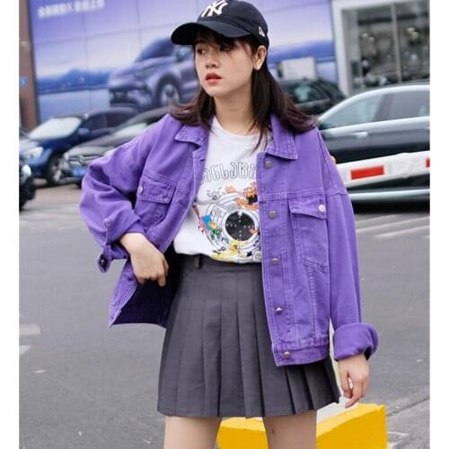 Purple denim jacket women spring autumn loose coat Vintage long-sleeved short outwear single-breasted girl casual denim tops