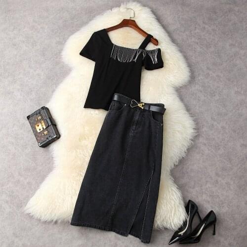 European and American womens wear summer 2021 The new Short-sleeved studded beaded tassel T-shirt Denim slit skirt Fashion suit