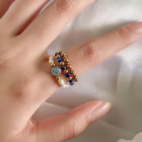 Handmade Lapis Lazuli Beaded Rings for Women 2021 New 3 Pcs Set Stainless Steel Jewelry Freshwater Pearl Rings Stretchy Bijoux