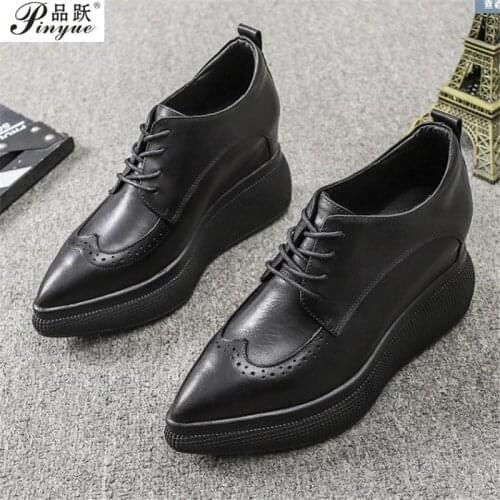 Flats Brogue Shoes For Women Lace-Up Casual Shoes Creepers Muffins Platform Female Leather Oxford Shoes Black Size 39