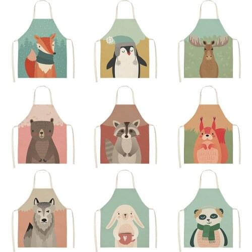 Cartoon Animal Printed Women Kitchen Aprons Waterproof Cooking oil-proof Cotton Linen Antifouling Chef Apron Cleaning 68*55cm
