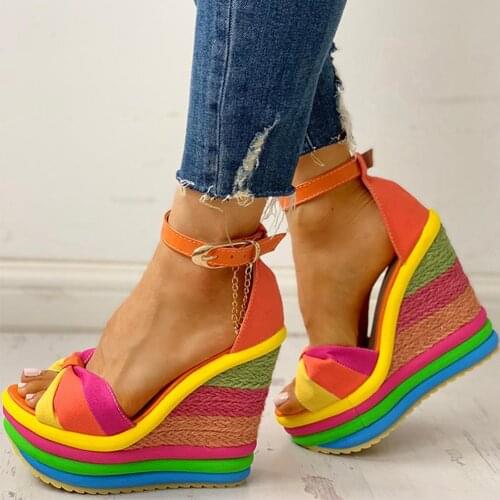 INS Hot Sale Colorful Leisure Women Wedges Shoes 2019 Summer Sandals Elegant Party Platform High Heels Shoes Woman