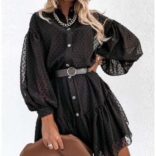 2021 Spring Elegant Turn-down Collar Shirt Dress Women Button Lace Party Dress Autumn Long Sleeve Solid Puff Sleeve Mini Dress