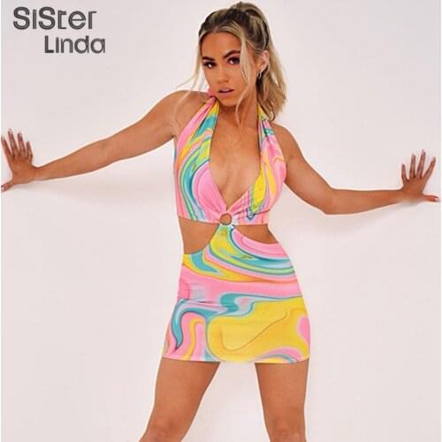 Sisterlinda Summer Print Patchwork Sexy Halter Dresses For Women Deep V-Neck Lace Up Sleeveless Backless Beachwear Dress Mujer