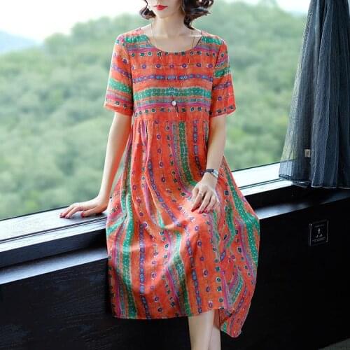 2021 Women Summer Silk Dresses Print Loose O-neck Mid long Dress Large Size M-3XL Female Fashion new Korean Casual Vestidos Y47
