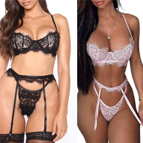 3 Pcs Women Sexy Lingerie Set See-through Eyelash Lace Bra with Spaghetti Straps + Thong + Garter Belt