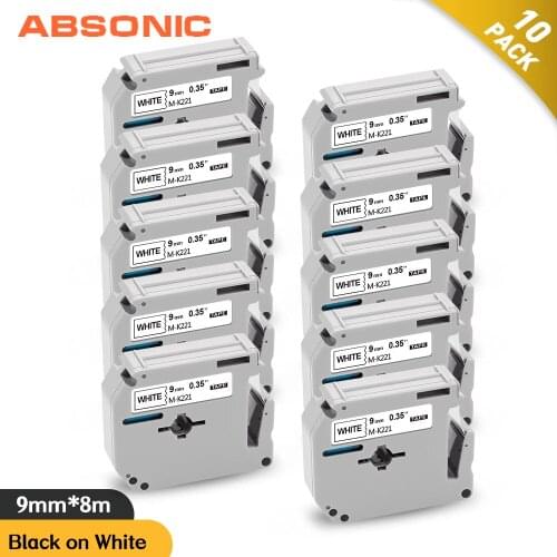 Absonic 5/10PK MK221 9mm Label Tape Compatible for Brother M-K221 MK 221 MK-221 P-touch Printer Black on White Pattern Ribbon