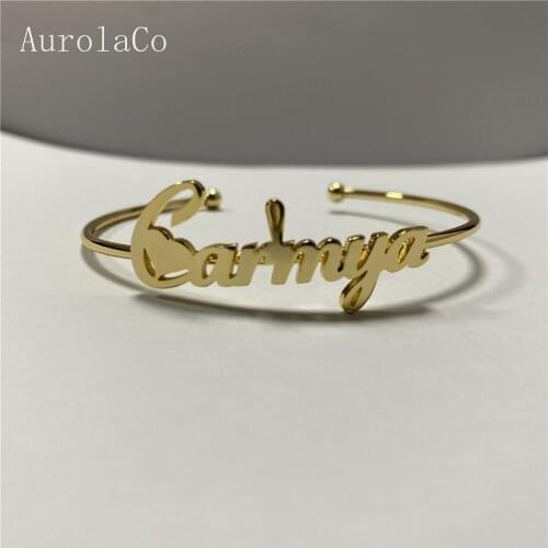 AurolaCo Customized Nameplate Name Bracelet Personalized Custom Cuff Bangles Women Men Gold Stainless Steel Jewelry Gifts
