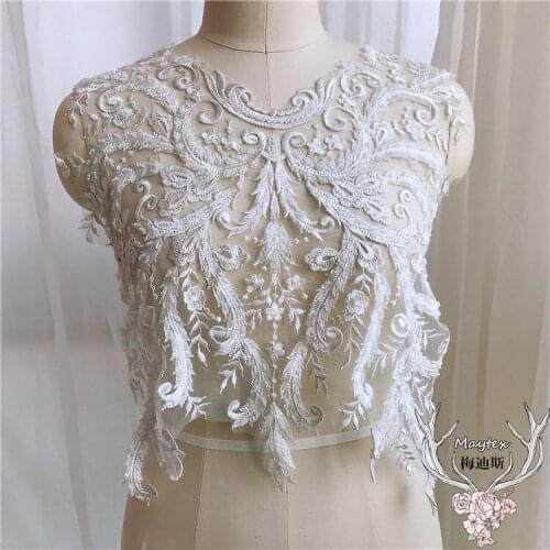 White bead pearls Lace embroidery patches Sequins LACE decals flower Applique for DIY Wedding dress 34 * 41cm