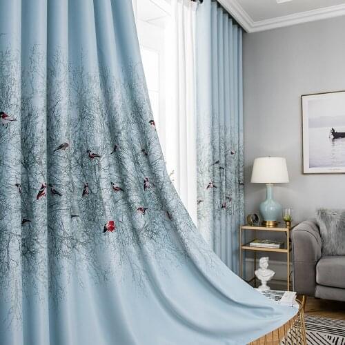 Kids Bedroom Blackout Curtains with Birds Print 1 Piece Blue Polyester Fabric Kitchen Window Door Panels Living Room Curtain Set