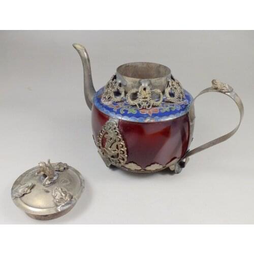 Chinese old red jade handwork inlay tibet-silver dragon teapot Arts and Crafts decoration metal handicraft