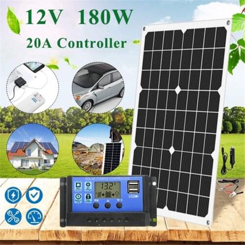 180W 12V Solar Panel Set Outdoor Solar Battery Charger 1/2 USB Port with 20A Solar Controller LCD Display for Phone Boat