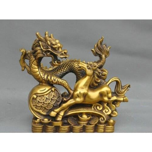 Lucky China Fengshui brass wealth Yuanbao money Ruyi Zodiac Dragon Horse statue