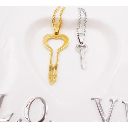 Cute Women Gold Silver Plated 316L Stainless Steel Jewelry Party,Key Rhinestone Couple Pendant Necklace Set EV-E188M