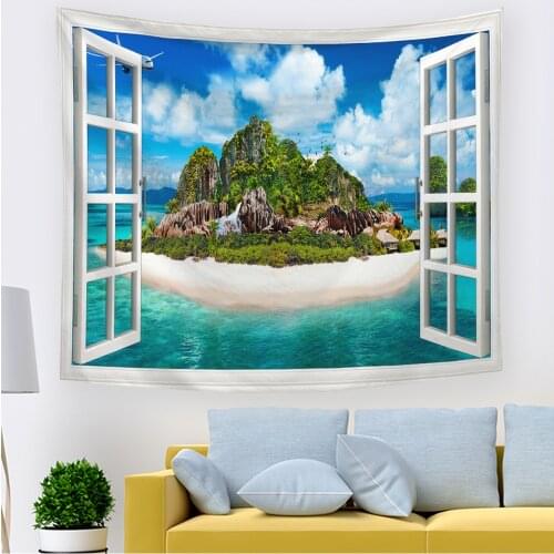 Wall Tapestry Hanging Beach Surf Palm Trees Sunset View Balcony White Wooden Windows Summer Tropical Living Room Bedroom Decor