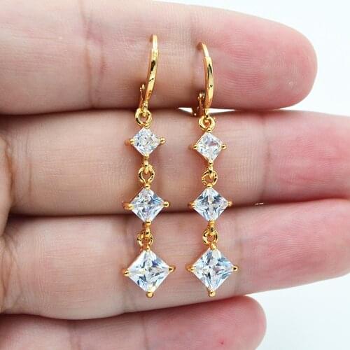 Fashion Gold Color Clear Zircon CZ Square Block Crystal Dangle Earrings for Women Party Jewelry