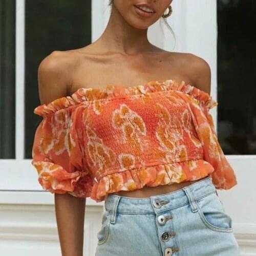 Foridol Off Shoulder Chiffon Blouse Tops Orange Women Half Sleeve Elastic Tube Crop Tops 2021 Summer Beach Blusa Mujer