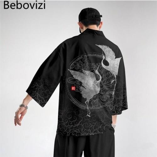 Japanese Cardigan Asian Beach Yukata Women Harajuku Crane Traditional Black Kimono Men Samurai Costume Haori Cosplay Clothing
