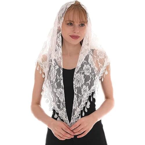 Triangle Lace Shawl Mantilla Veil Light weight Tassel Scarf Fashion Floral Shawls and Wraps for Women