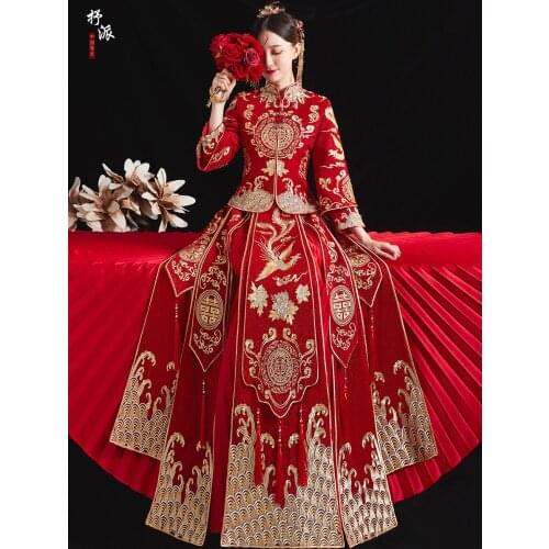 High-quality Banquet Elegant Bride Qipao Chinese Traditional Wedding Clothing Dragon Phoenix Cheongsam Dress китайская одежда