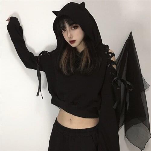 Zoki Harajuku Women Hoodies Black Gothic Hooded Bandage Long Sleeve Autumn Crop Top Sexy Club Pullover Streetwear Hoodies 2020