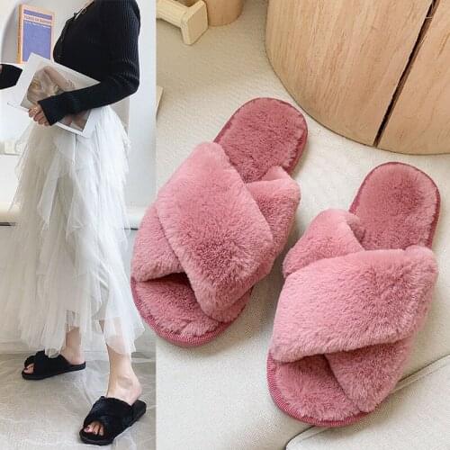 Women Fashion Warm Fluffy slippers womens plush slippers comfortable faux fur cross indoor floor slippers flat soft fur shoes