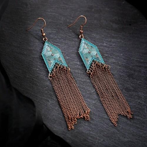 Womens Tassel Dangle Earrings Rhombus Alloy Long Chain Bohemia Earrings Jhumka Earrings Orecchini Etnici