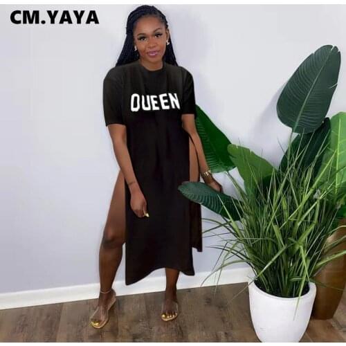 CM.YAYA Women Queen O-neck Short Sleeve Slim Dress Fashion Streetwear Sexy High Side Slit Dresses Vestidos