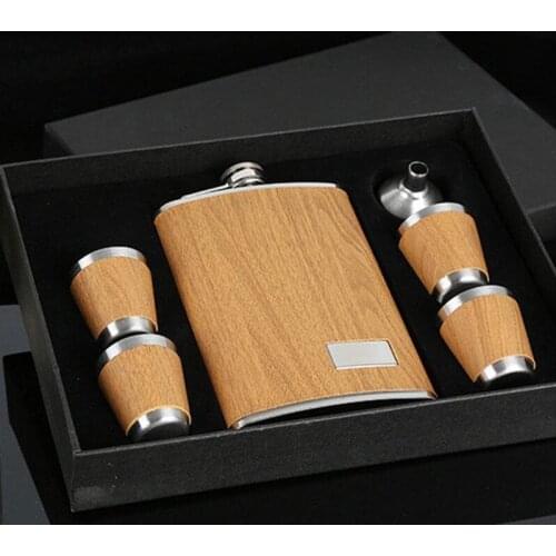 9 oz Wooden Hip Flask Set With 1 Funnel and 4 Cups Whiskey Wine Stainless Steel Flagon Bottle Travel Drinkware For Gifts#8635
