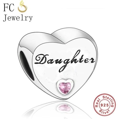 FC Jewelry Fit Original Brand Charm Bracelet 925 Silver Daughter Love Heart Pink Zircon Beads For Making Women Berloque 2019